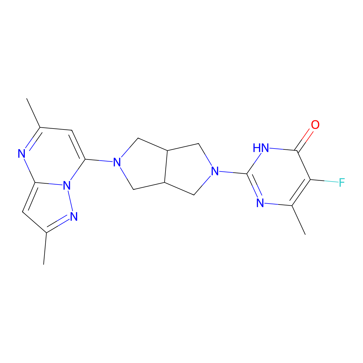 2-(5-{2,5-Dimethylpyrazolo[1,5-a]pyrimidin-7-yl}-octahydropyrrolo[3,4-c]pyrrol-2-yl)-5-fluoro-6-methyl-3,4-dihydropyrimidin-4-one molecular structure, CAS 2640878-65-3