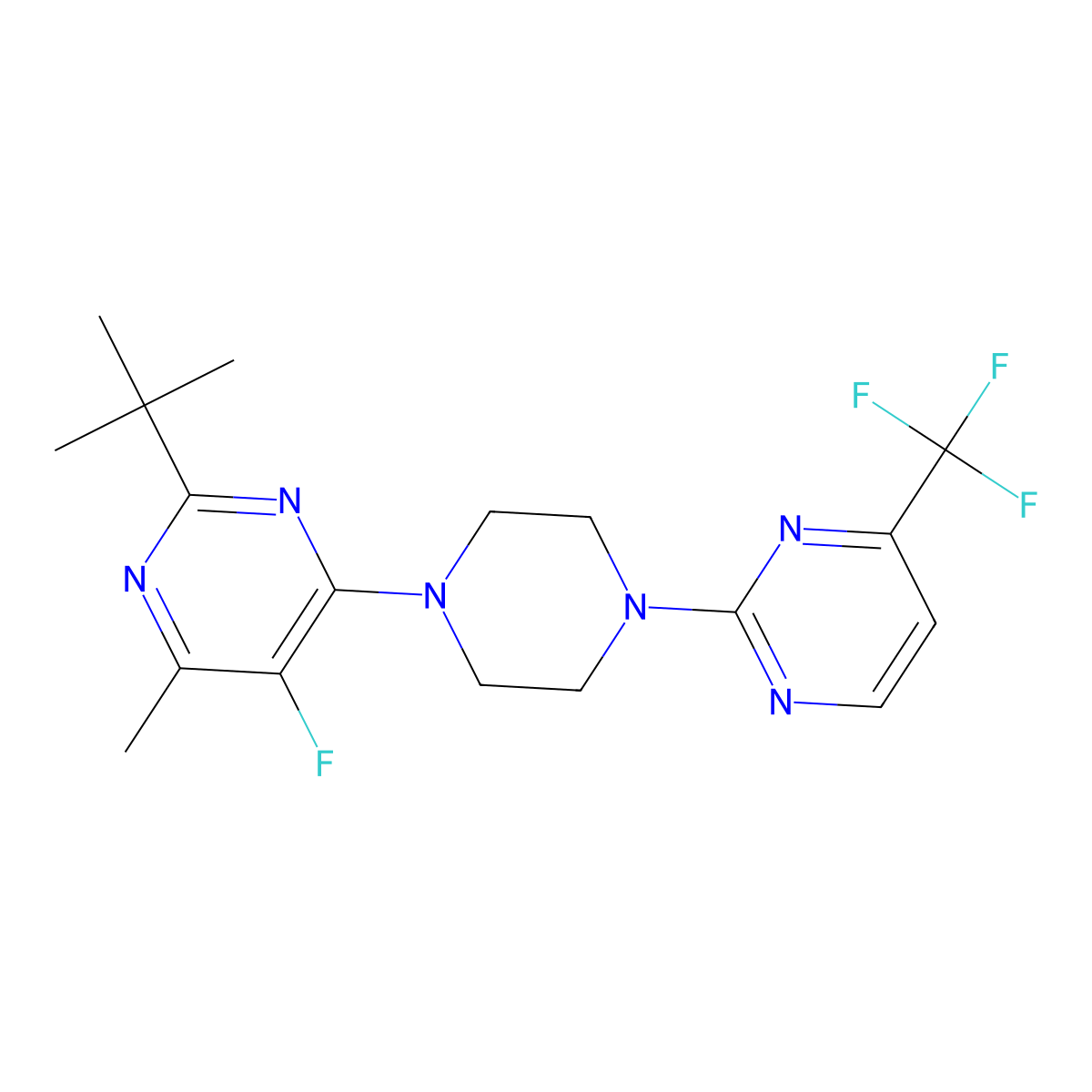2-Tert-butyl-5-fluoro-4-methyl-6-{4-[4-(trifluoromethyl)pyrimidin-2-yl]piperazin-1-yl}pyrimidine molecular structure, CAS 2640878-74-4