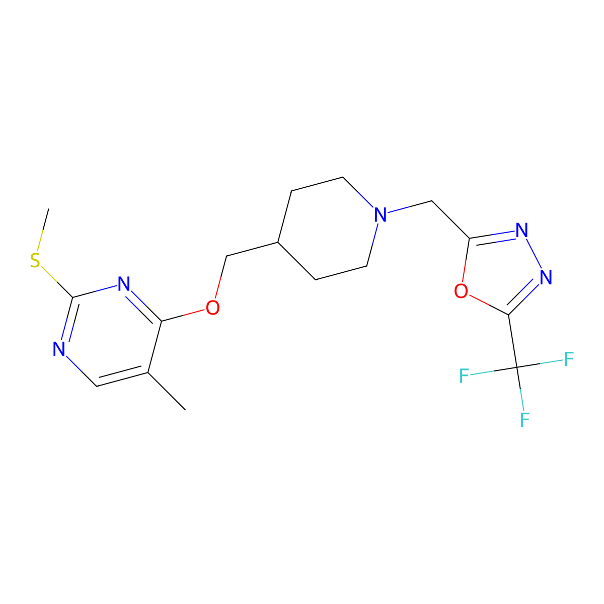5-Methyl-2-(methylsulfanyl)-4-[(1-{[5-(trifluoromethyl)-1,3,4-oxadiazol-2-yl]methyl}piperidin-4-yl)methoxy]pyrimidine molecular structure, CAS 2640878-79-9