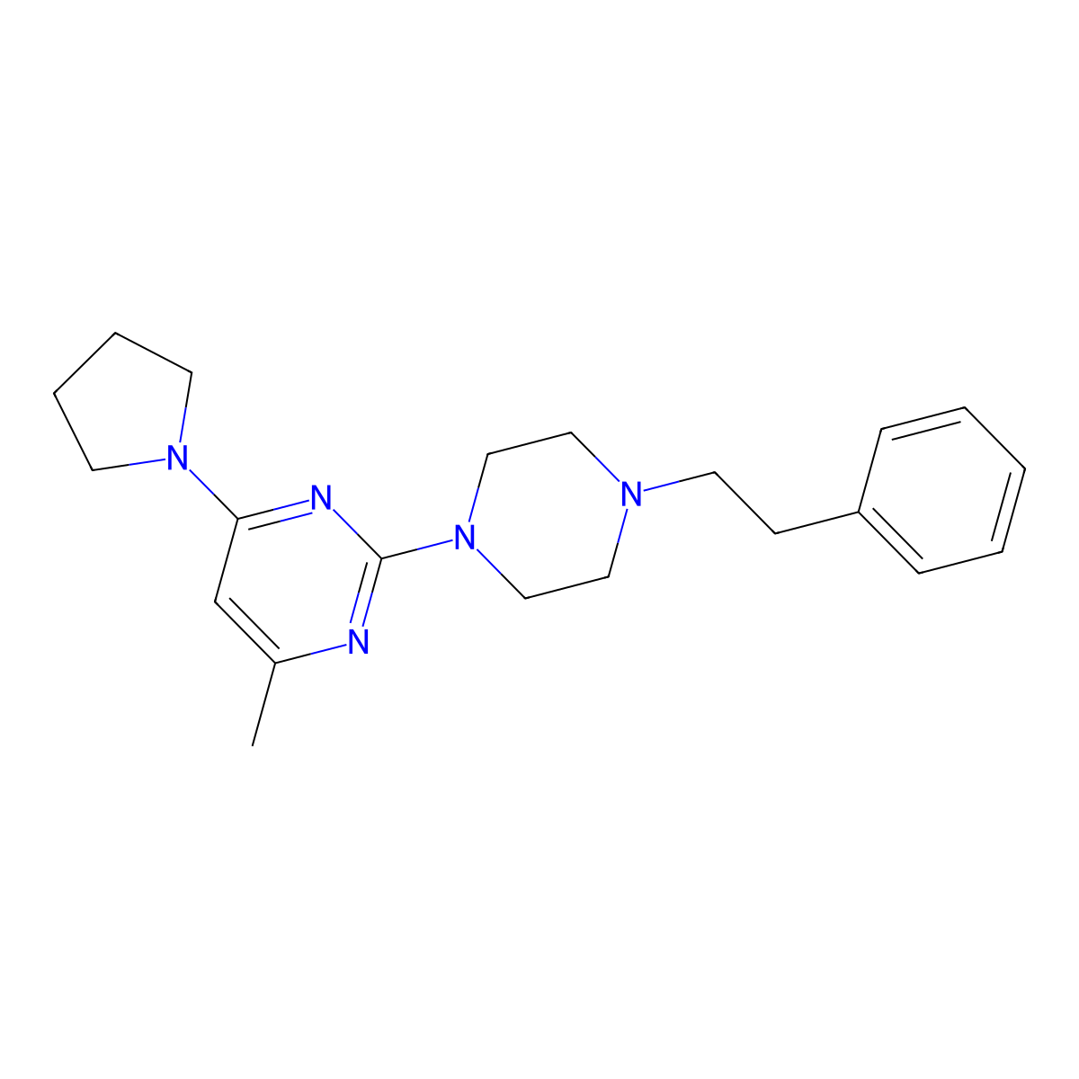 4-Methyl-2-[4-(2-phenylethyl)piperazin-1-yl]-6-(pyrrolidin-1-yl)pyrimidine molecular structure, CAS 2640878-81-3