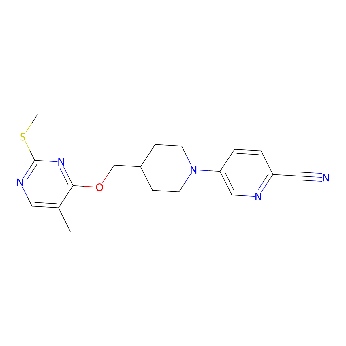 5-[4-({[5-Methyl-2-(methylsulfanyl)pyrimidin-4-yl]oxy}methyl)piperidin-1-yl]pyridine-2-carbonitrile molecular structure, CAS 2640878-82-4