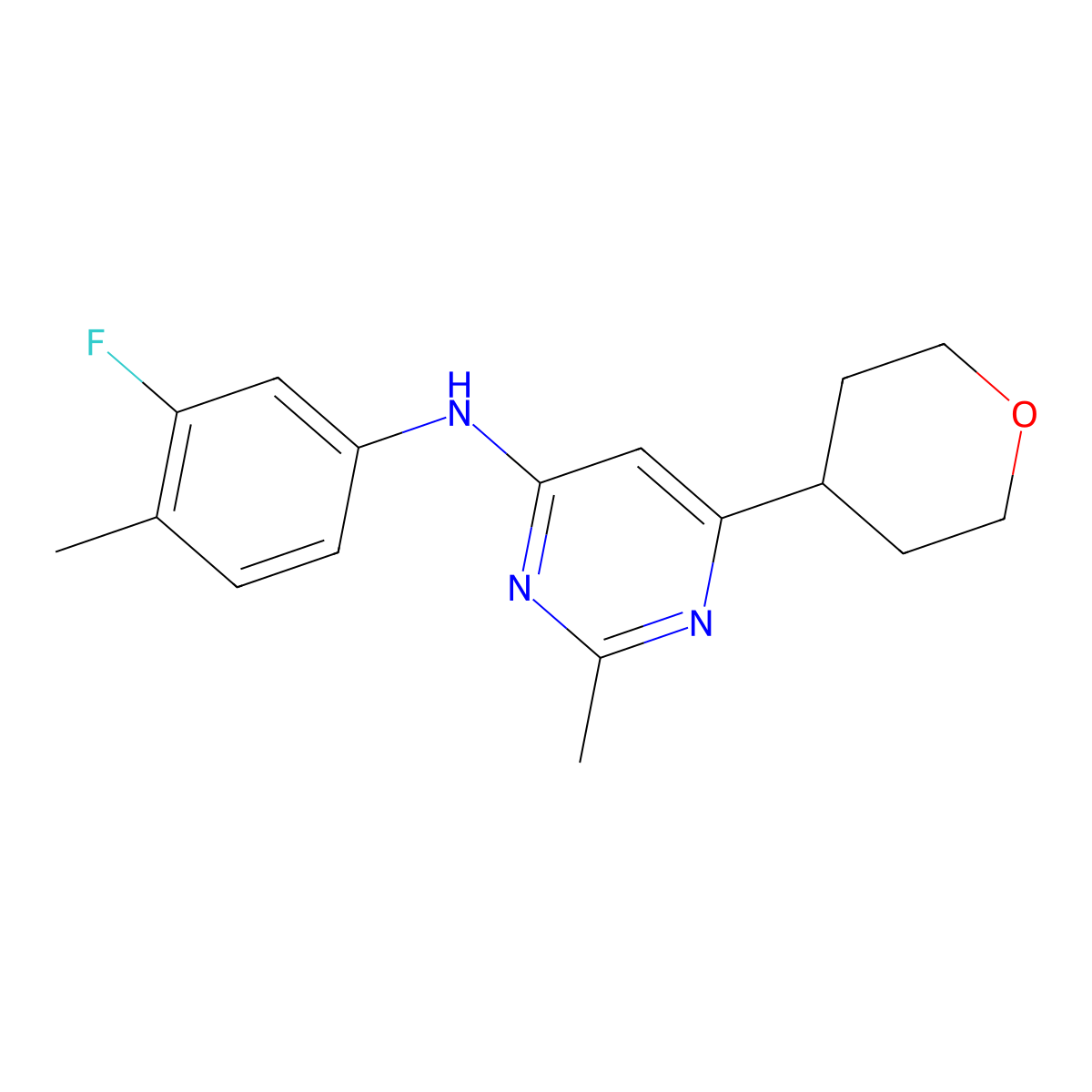 N-(3-fluoro-4-methylphenyl)-2-methyl-6-(oxan-4-yl)pyrimidin-4-amine molecular structure, CAS 2640878-84-6