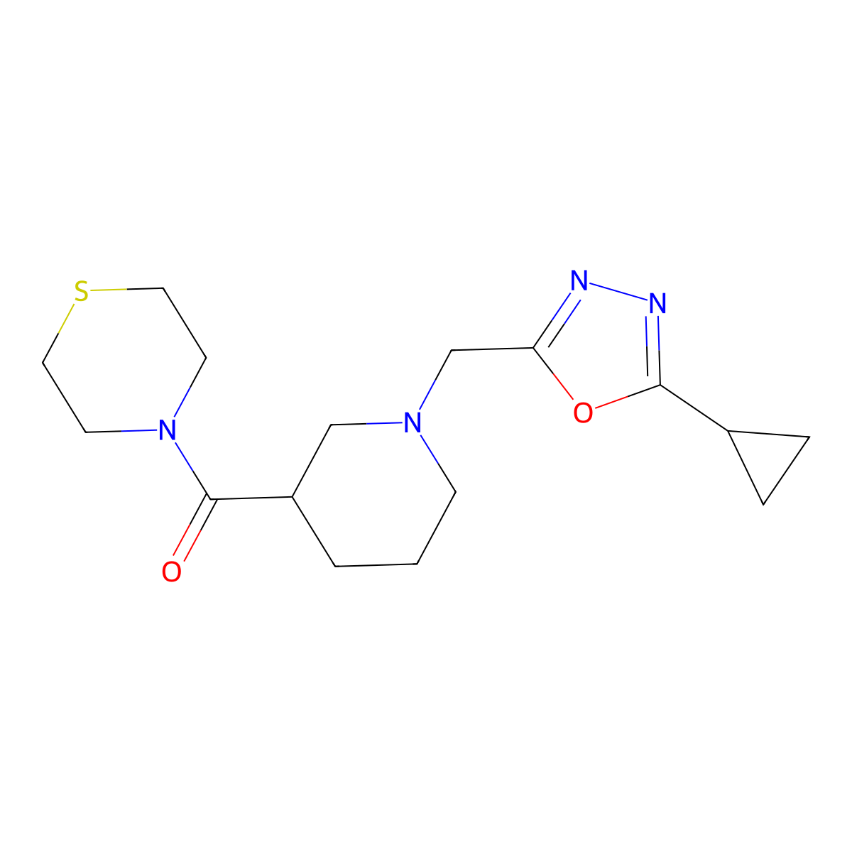 4-{1-[(5-Cyclopropyl-1,3,4-oxadiazol-2-yl)methyl]piperidine-3-carbonyl}thiomorpholine molecular structure, CAS 2640878-89-1