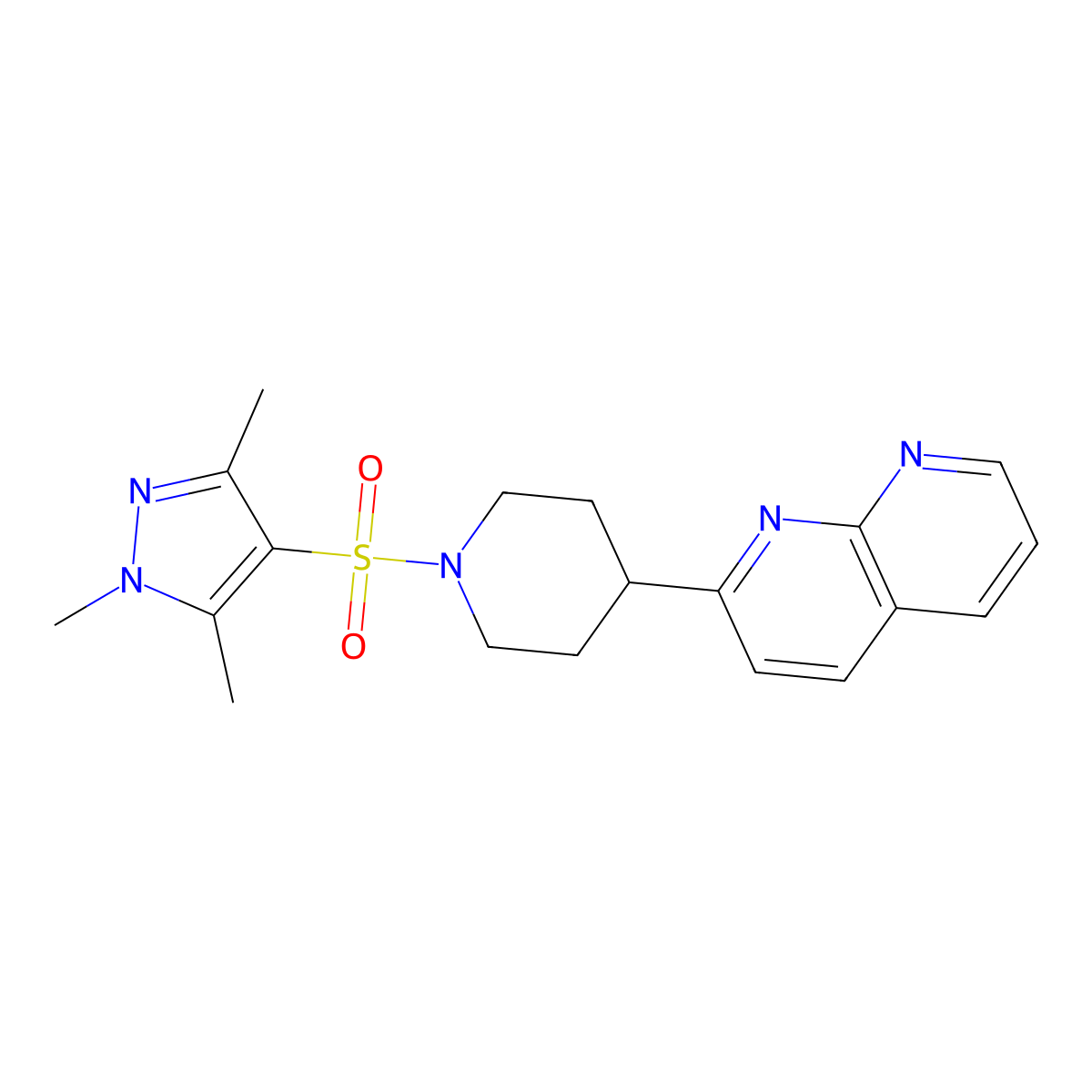 2-{1-[(1,3,5-trimethyl-1H-pyrazol-4-yl)sulfonyl]piperidin-4-yl}-1,8-naphthyridine molecular structure, CAS 2640878-95-9
