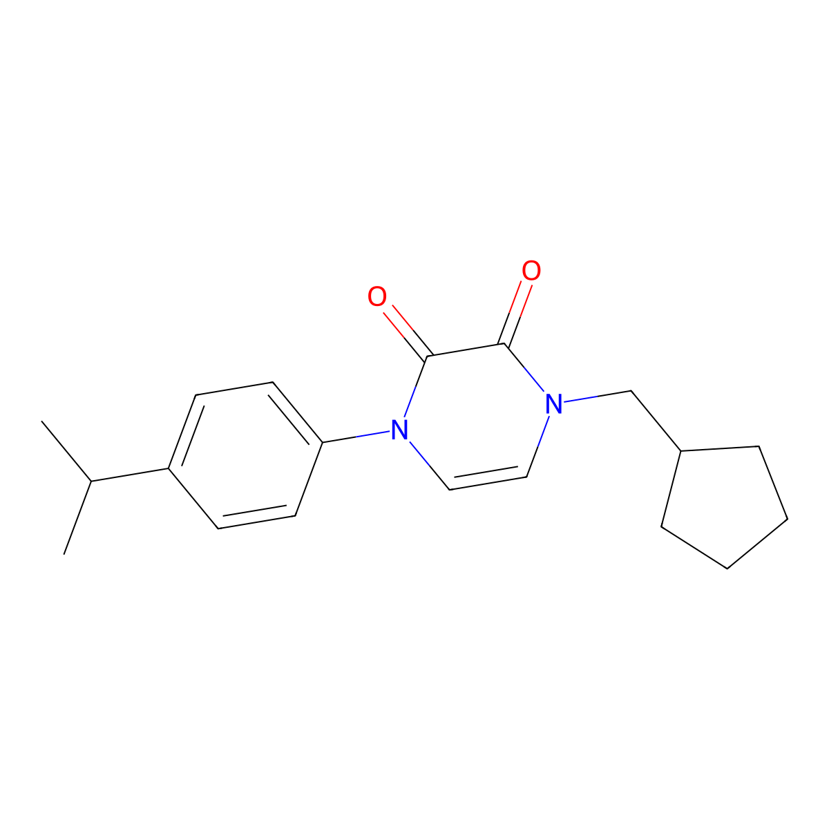 1-(Cyclopentylmethyl)-4-[4-(propan-2-yl)phenyl]-1,2,3,4-tetrahydropyrazine-2,3-dione molecular structure, CAS 2640879-00-9