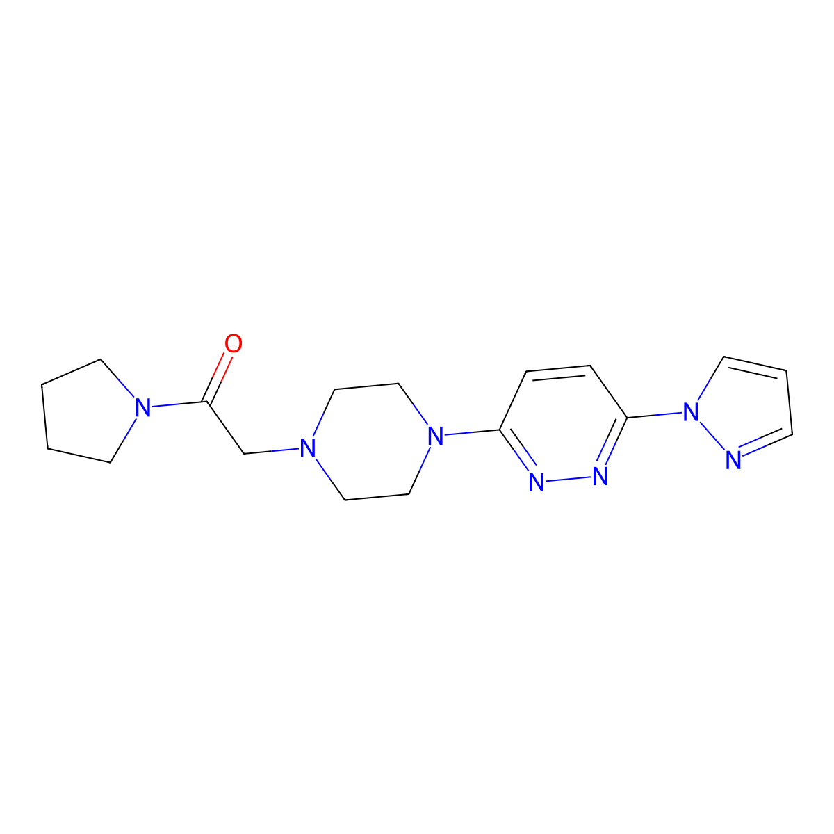 2-{4-[6-(1H-pyrazol-1-yl)pyridazin-3-yl]piperazin-1-yl}-1-(pyrrolidin-1-yl)ethan-1-one molecular structure, CAS 2640879-06-5