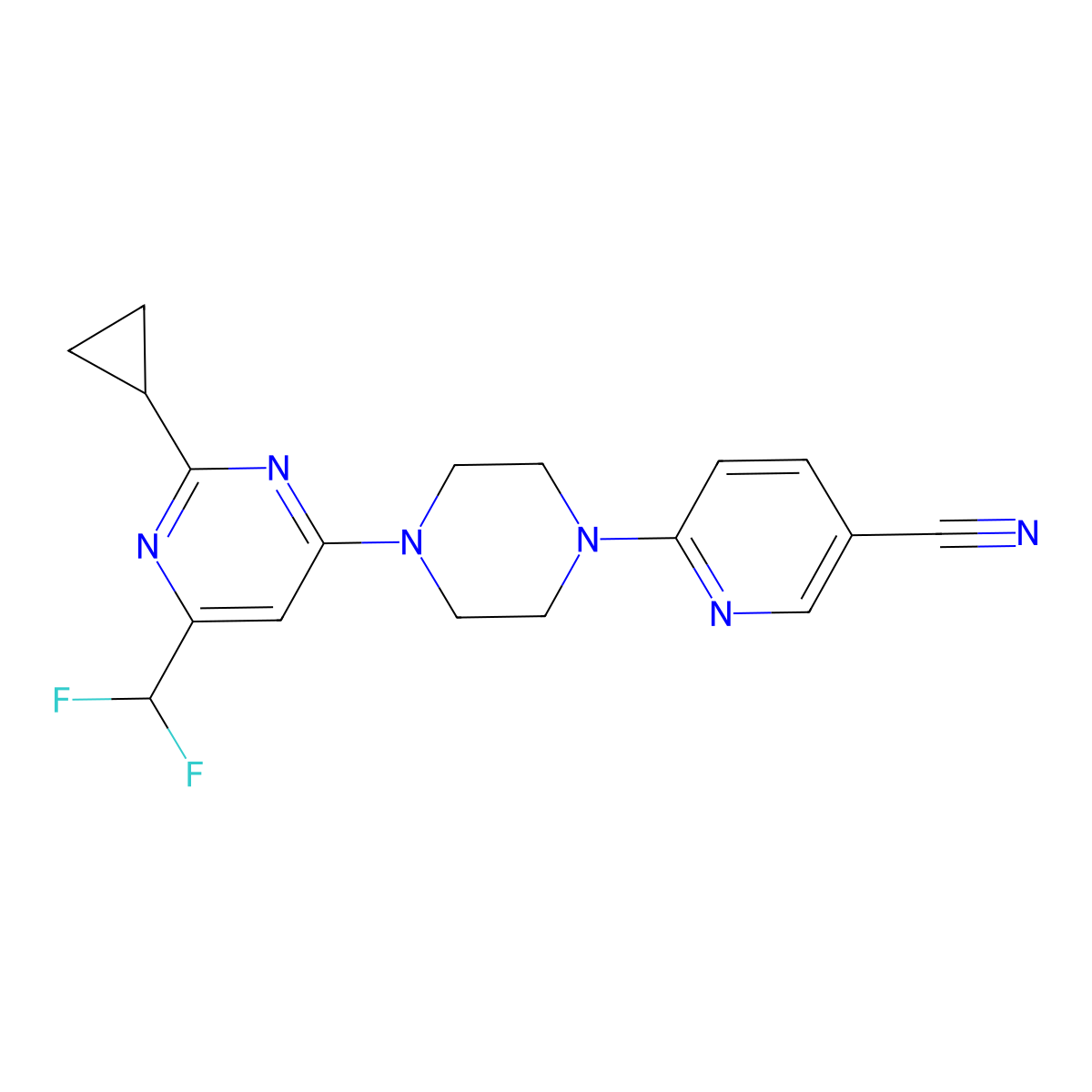 6-{4-[2-Cyclopropyl-6-(difluoromethyl)pyrimidin-4-yl]piperazin-1-yl}pyridine-3-carbonitrile molecular structure, CAS 2640879-13-4