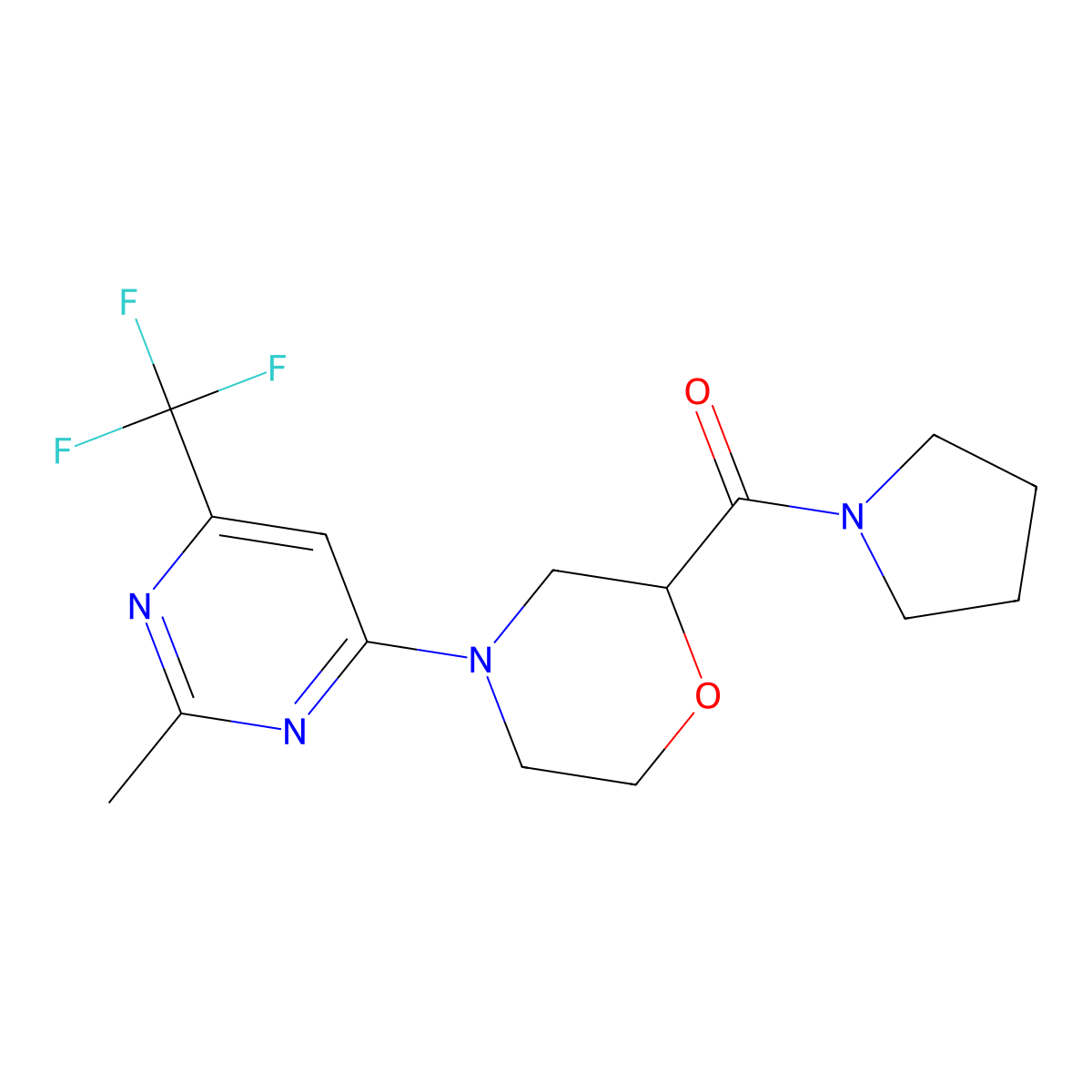 4-[2-Methyl-6-(trifluoromethyl)pyrimidin-4-yl]-2-(pyrrolidine-1-carbonyl)morpholine molecular structure, CAS 2640879-15-6