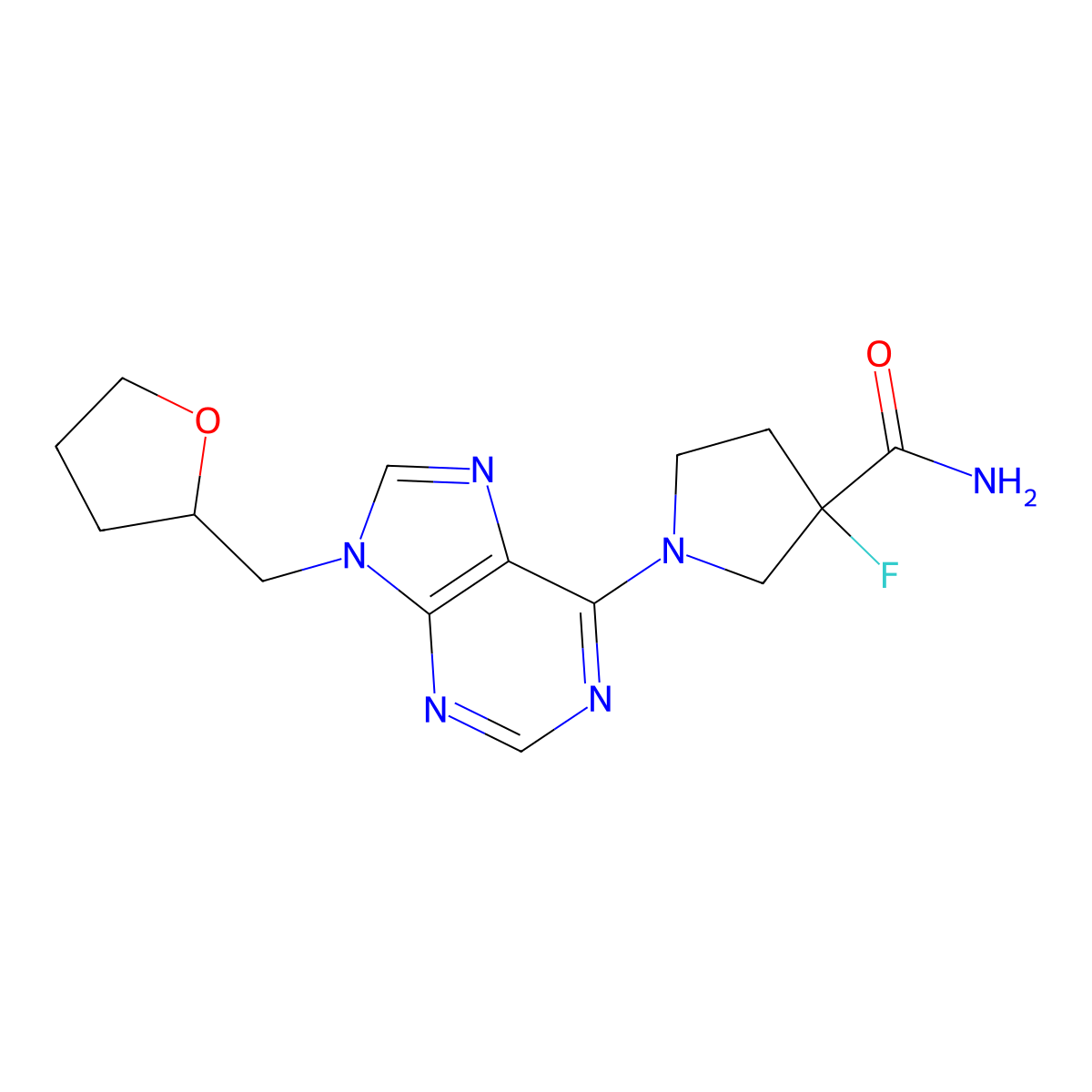 3-fluoro-1-{9-[(oxolan-2-yl)methyl]-9H-purin-6-yl}pyrrolidine-3-carboxamide molecular structure, CAS 2640879-17-8