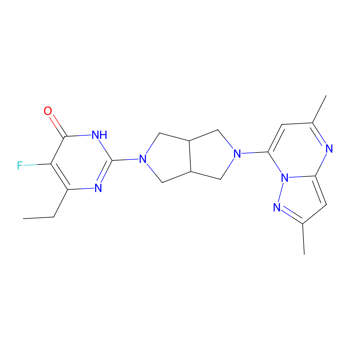 2-(5-{2,5-Dimethylpyrazolo[1,5-a]pyrimidin-7-yl}-octahydropyrrolo[3,4-c]pyrrol-2-yl)-6-ethyl-5-fluoro-3,4-dihydropyrimidin-4-one molecular structure, CAS 2640879-24-7