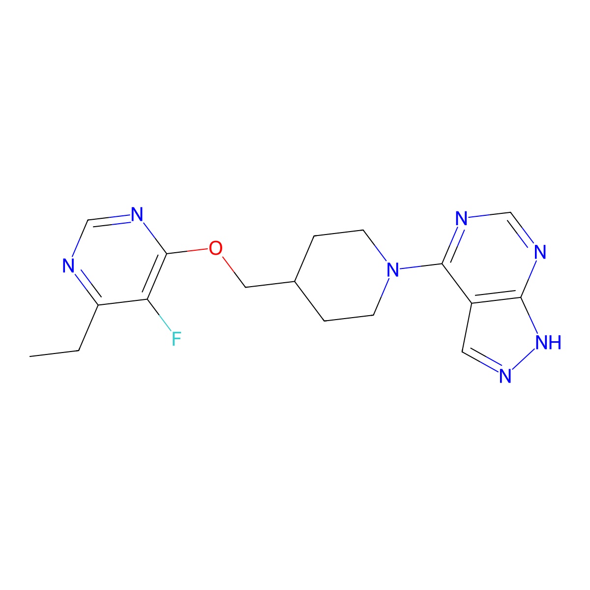 4-ethyl-5-fluoro-6-[(1-{1H-pyrazolo[3,4-d]pyrimidin-4-yl}piperidin-4-yl)methoxy]pyrimidine molecular structure, CAS 2640880-59-5