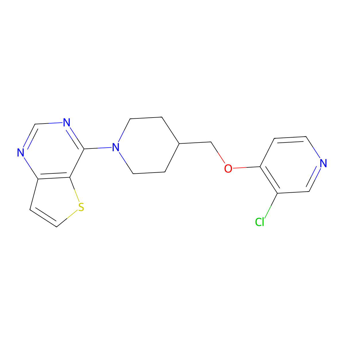 3-Chloro-4-[(1-{thieno[3,2-d]pyrimidin-4-yl}piperidin-4-yl)methoxy]pyridine molecular structure, CAS 2640880-64-2