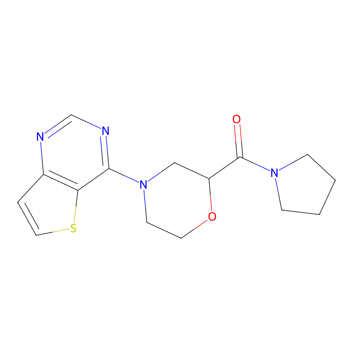 2-(Pyrrolidine-1-carbonyl)-4-{thieno[3,2-d]pyrimidin-4-yl}morpholine molecular structure, CAS 2640880-65-3
