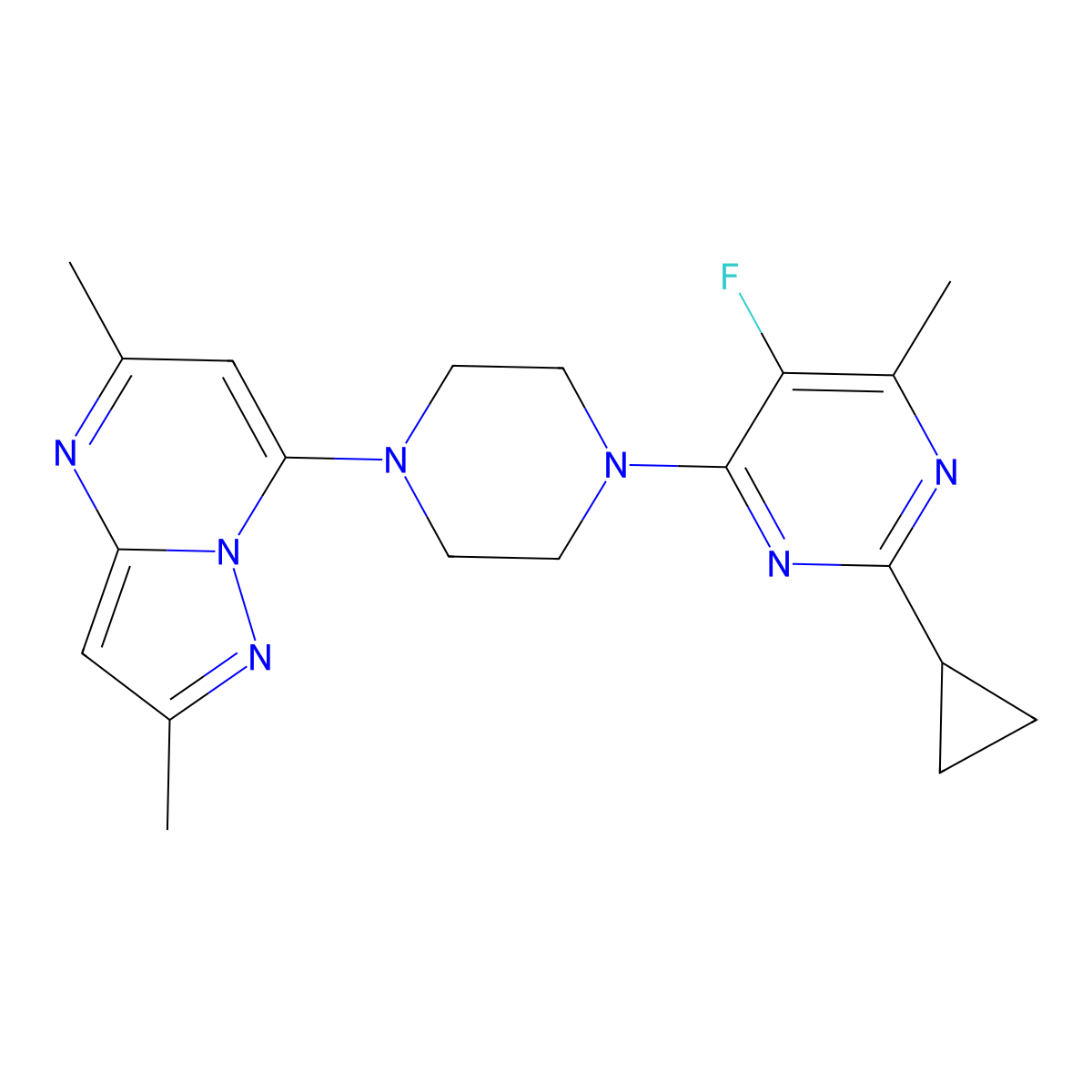 2-Cyclopropyl-4-(4-{2,5-dimethylpyrazolo[1,5-a]pyrimidin-7-yl}piperazin-1-yl)-5-fluoro-6-methylpyrimidine molecular structure, CAS 2640880-66-4