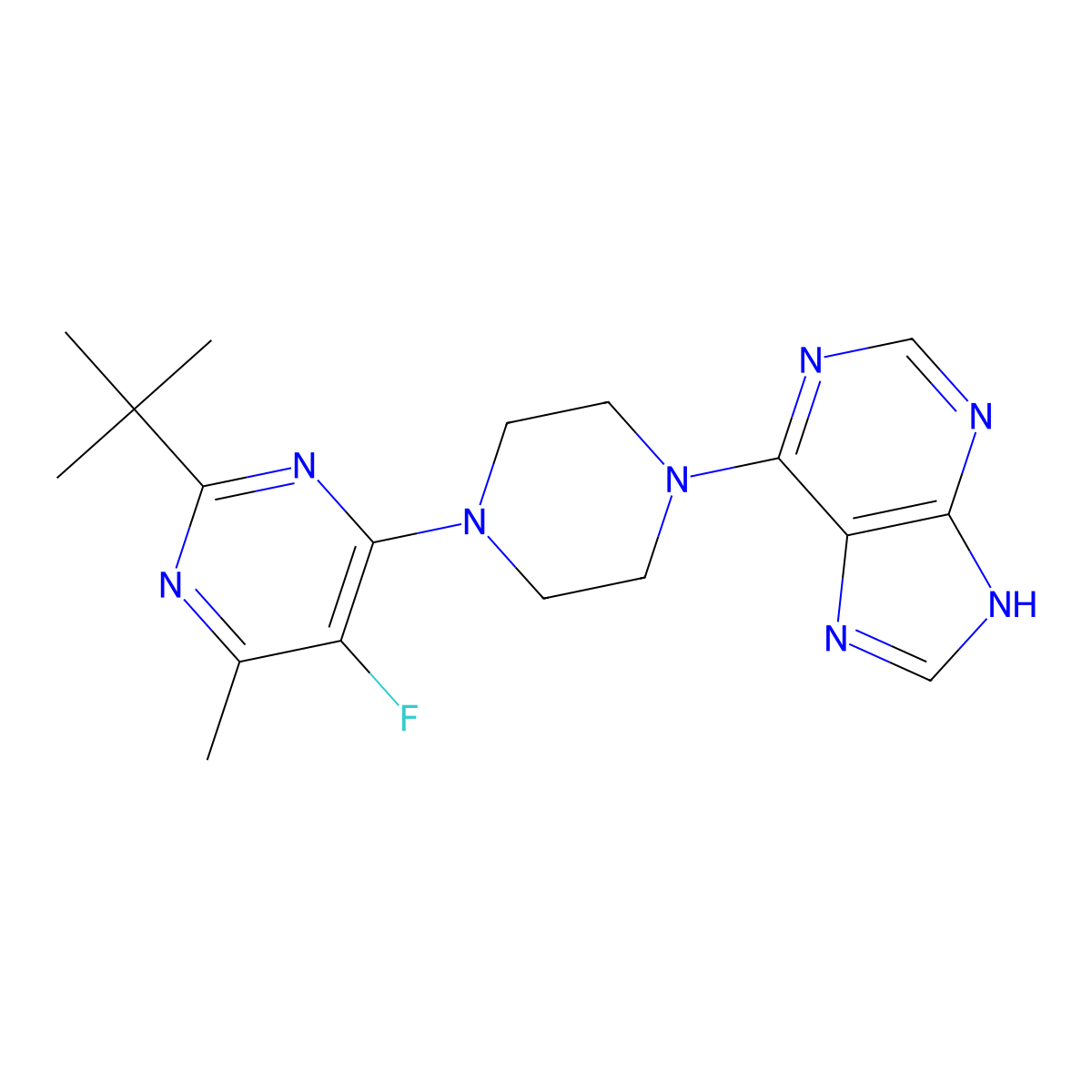 6-[4-(2-tert-butyl-5-fluoro-6-methylpyrimidin-4-yl)piperazin-1-yl]-9H-purine molecular structure, CAS 2640880-70-0