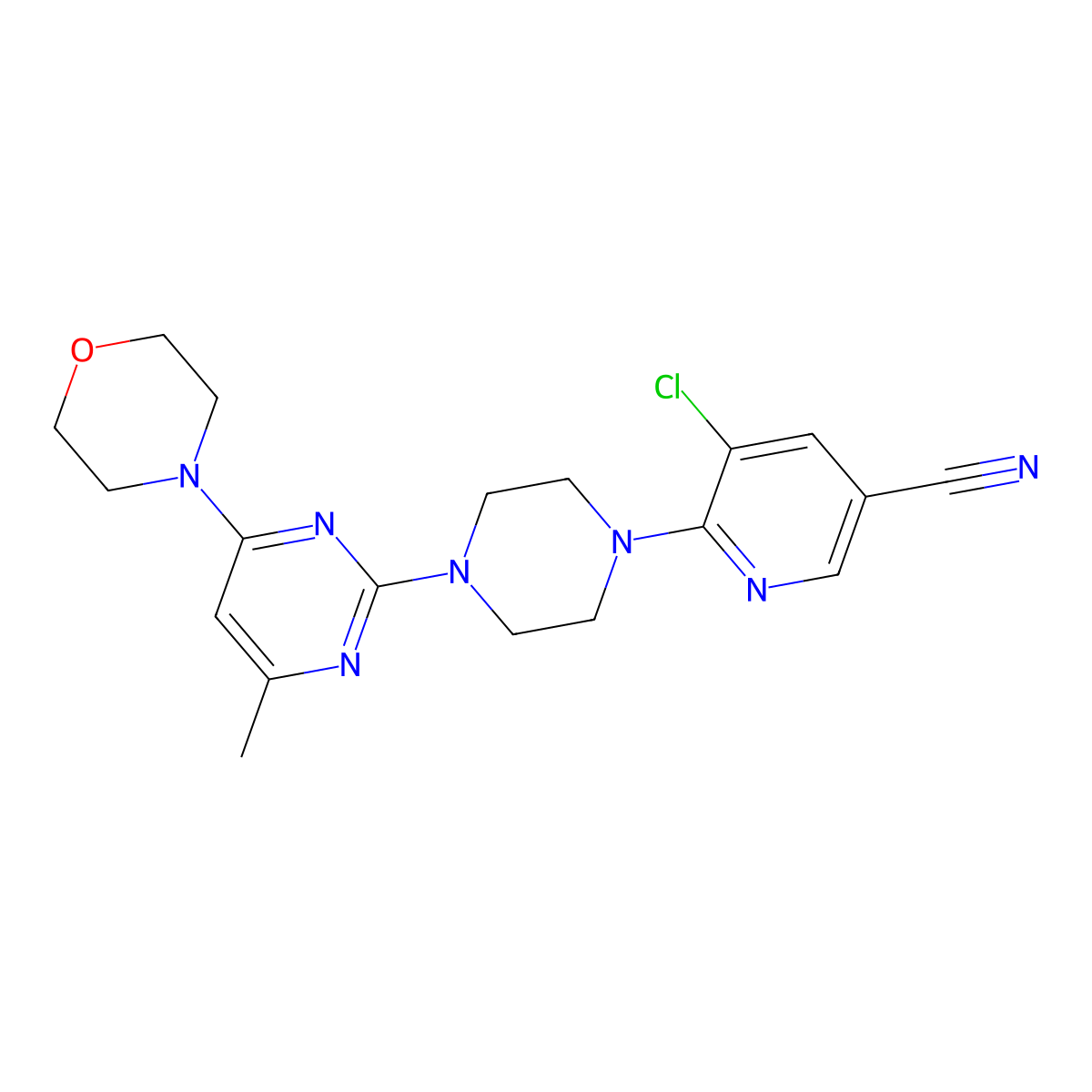 5-Chloro-6-{4-[4-methyl-6-(morpholin-4-yl)pyrimidin-2-yl]piperazin-1-yl}pyridine-3-carbonitrile molecular structure, CAS 2640880-74-4