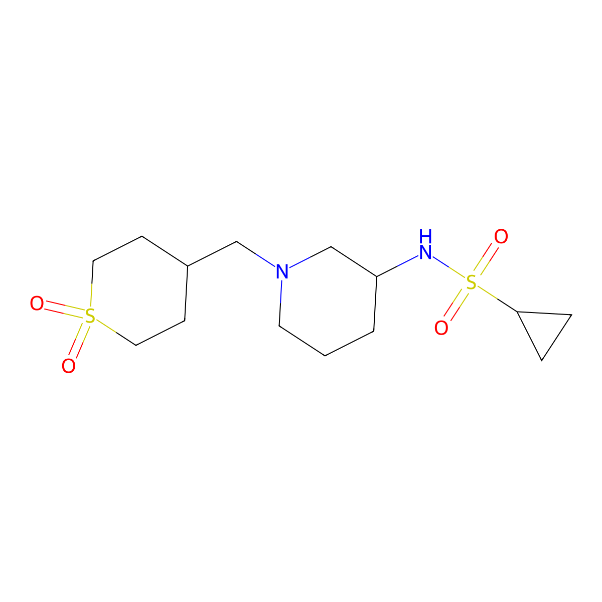 N-{1-[(1,1-dioxo-1lambda6-thian-4-yl)methyl]piperidin-3-yl}cyclopropanesulfonamide molecular structure, CAS 2640880-78-8