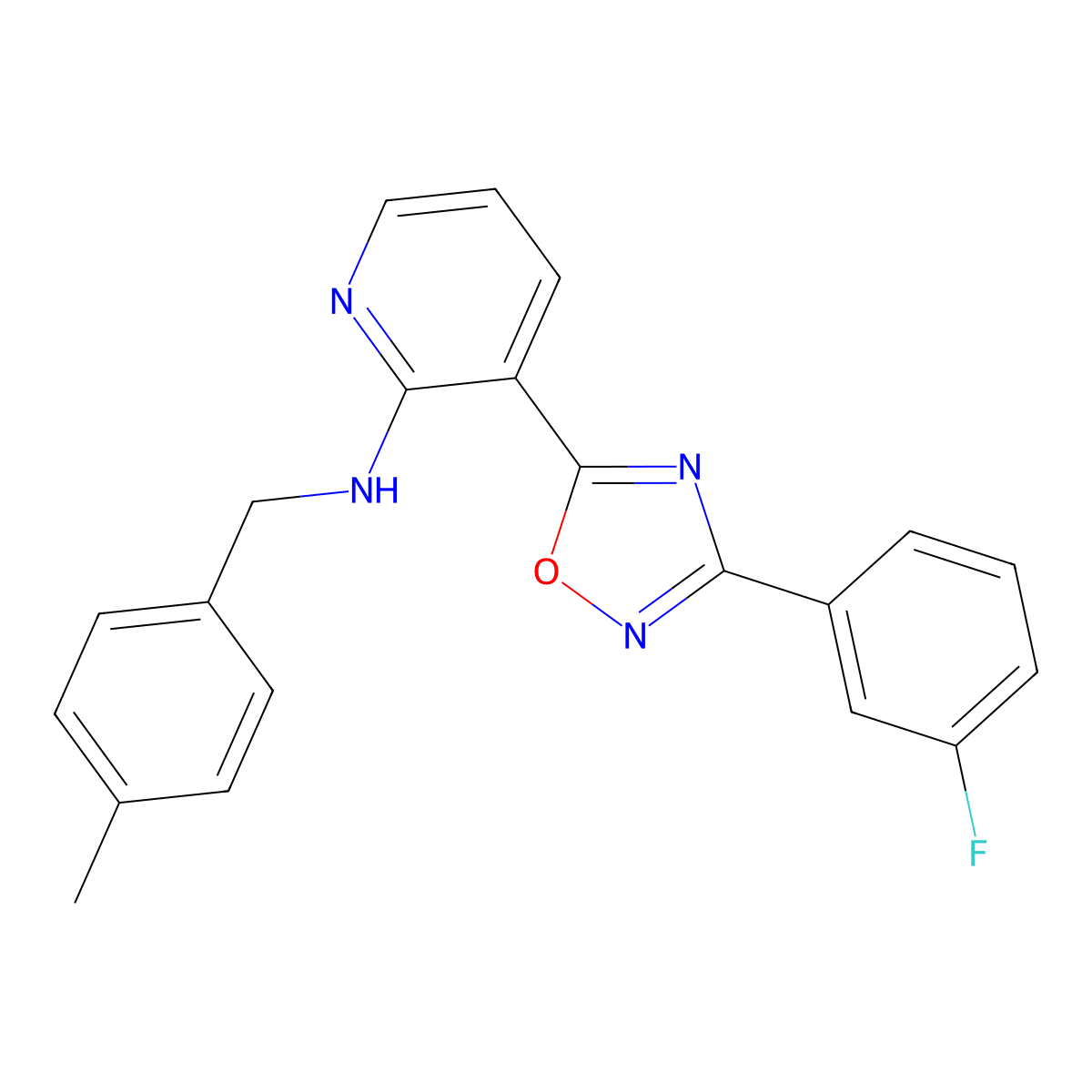 3-[3-(3-fluorophenyl)-1,2,4-oxadiazol-5-yl]-N-[(4-methylphenyl)methyl]pyridin-2-amine molecular structure, CAS 2640880-82-4