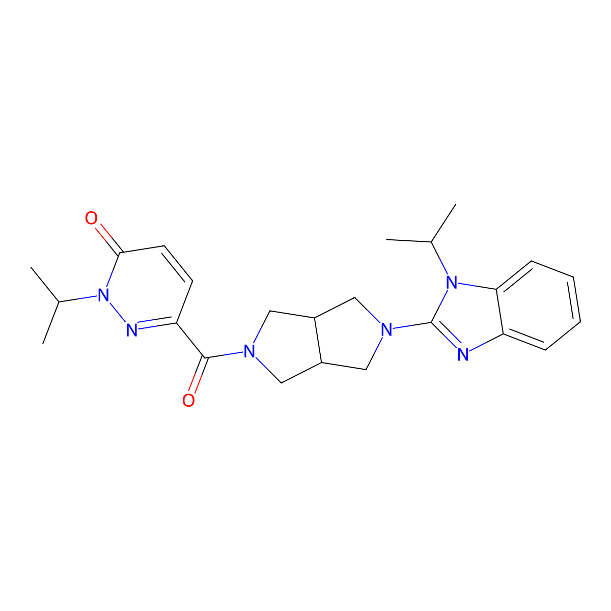 2-(propan-2-yl)-6-{5-[1-(propan-2-yl)-1H-1,3-benzodiazol-2-yl]-octahydropyrrolo[3,4-c]pyrrole-2-carbonyl}-2,3-dihydropyridazin-3-one molecular structure, CAS 2640880-88-0
