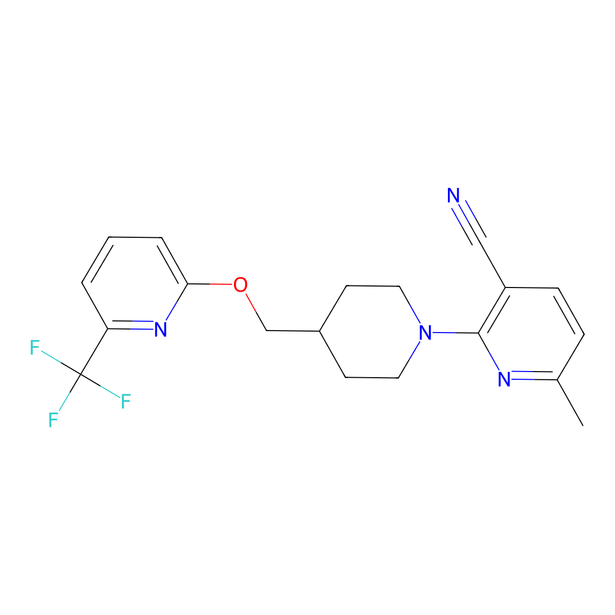 6-Methyl-2-[4-({[6-(trifluoromethyl)pyridin-2-yl]oxy}methyl)piperidin-1-yl]pyridine-3-carbonitrile molecular structure, CAS 2640880-89-1