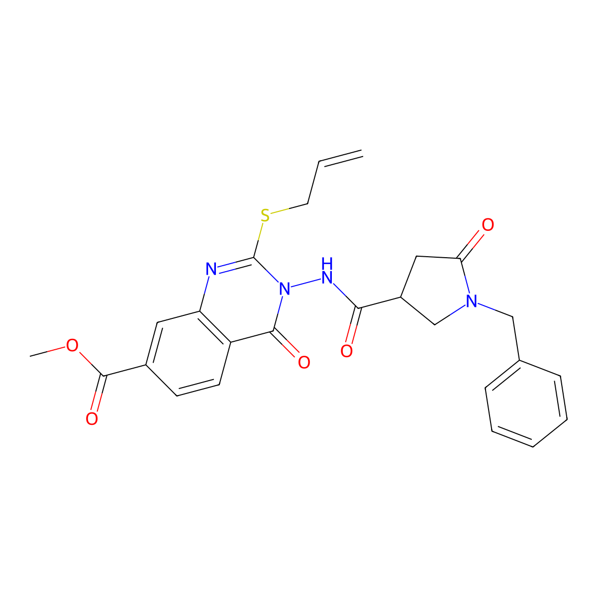 Methyl 3-(1-benzyl-5-oxopyrrolidine-3-amido)-4-oxo-2-(prop-2-en-1-ylsulfanyl)-3,4-dihydroquinazoline-7-carboxylate molecular structure, CAS 2640880-91-5
