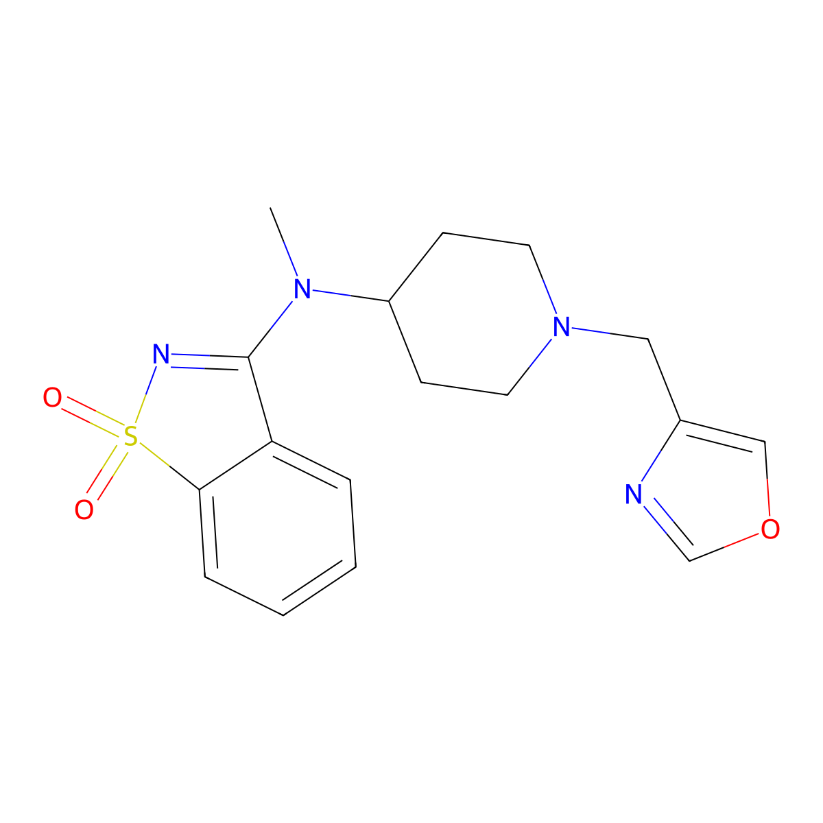 N-methyl-N-[1-(1,3-oxazol-4-ylmethyl)piperidin-4-yl]-1,1-dioxo-1,2-benzothiazol-3-amine molecular structure, CAS 2640880-95-9