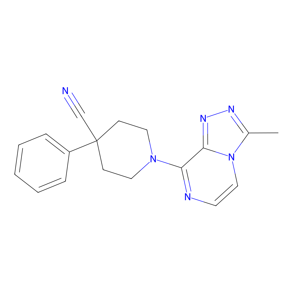 1-{3-Methyl-[1,2,4]triazolo[4,3-a]pyrazin-8-yl}-4-phenylpiperidine-4-carbonitrile molecular structure, CAS 2640880-97-1