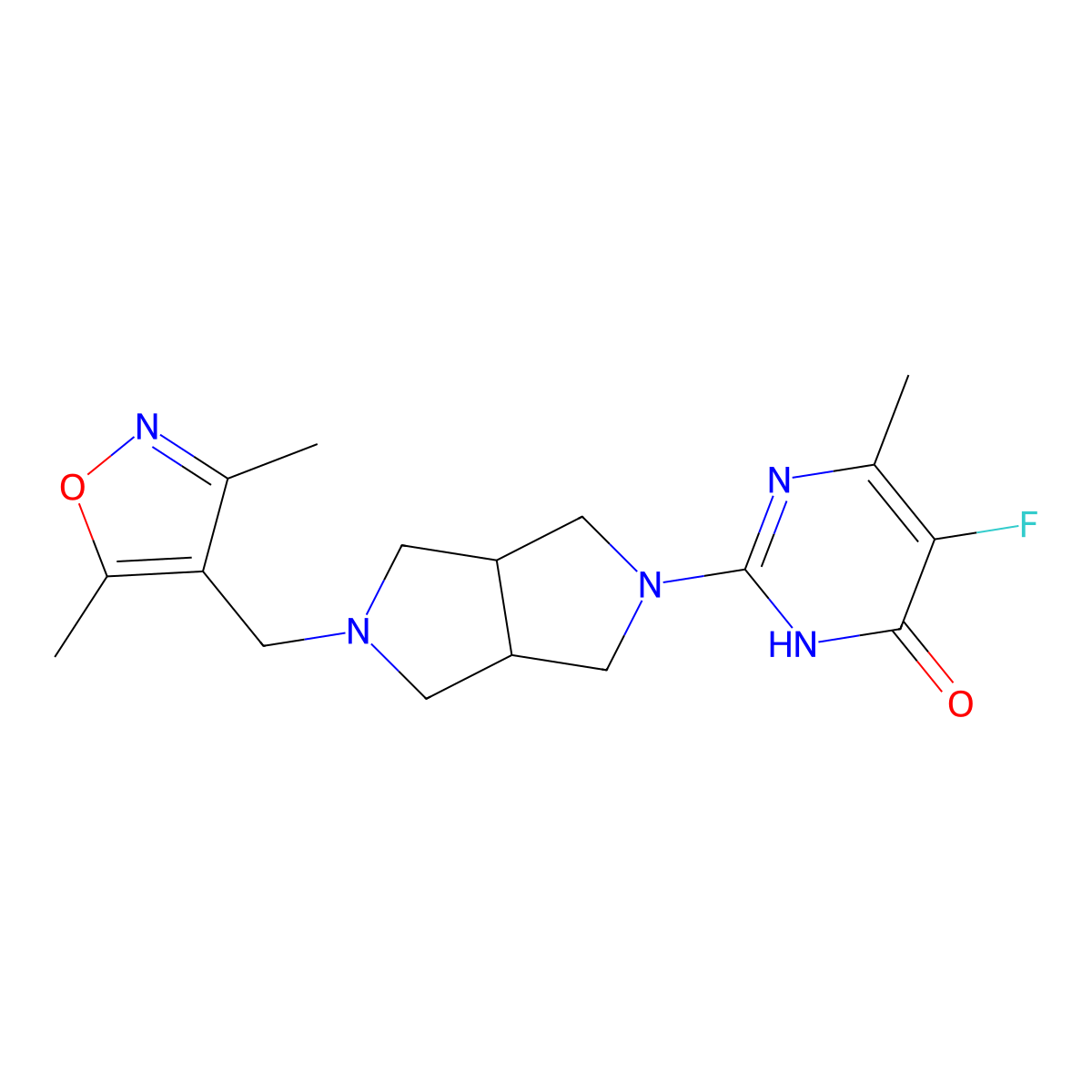 2-{5-[(3,5-Dimethyl-1,2-oxazol-4-yl)methyl]-octahydropyrrolo[3,4-c]pyrrol-2-yl}-5-fluoro-6-methyl-3,4-dihydropyrimidin-4-one molecular structure, CAS 2640881-06-5