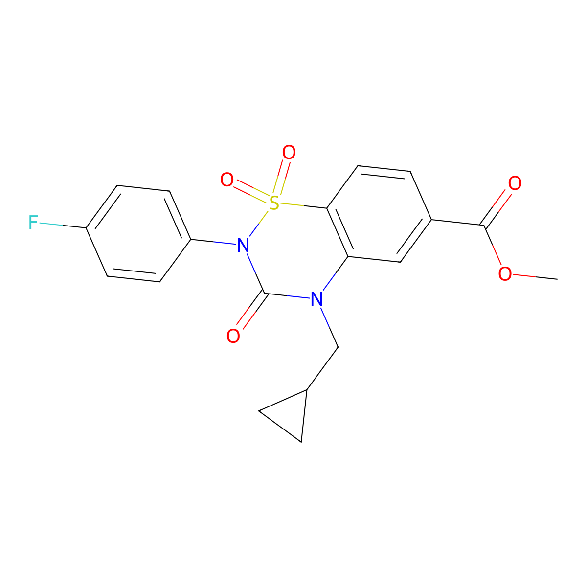 methyl 4-(cyclopropylmethyl)-2-(4-fluorophenyl)-1,1,3-trioxo-3,4-dihydro-2H-1lambda6,2,4-benzothiadiazine-6-carboxylate molecular structure, CAS 2640881-08-7