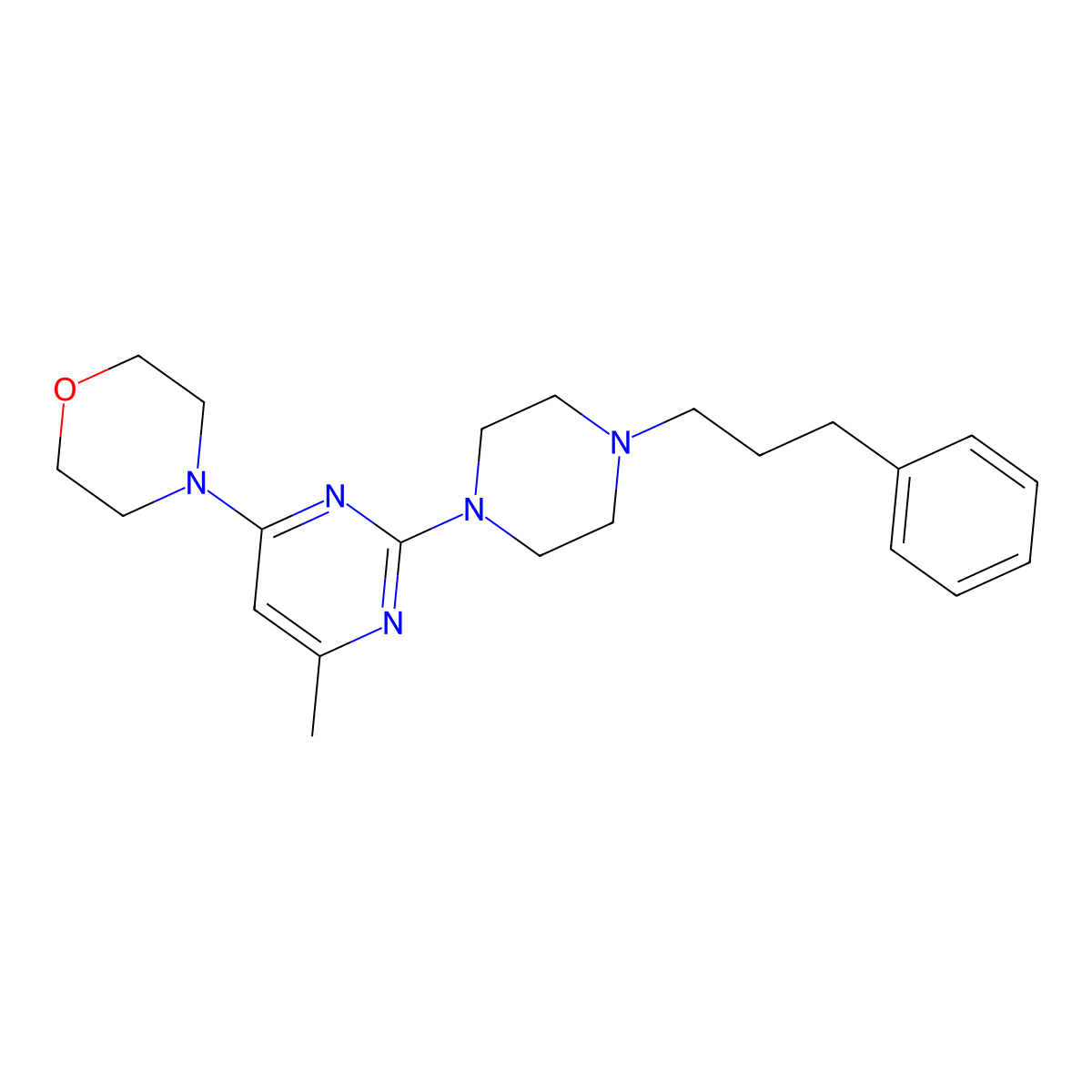4-{6-Methyl-2-[4-(3-phenylpropyl)piperazin-1-yl]pyrimidin-4-yl}morpholine molecular structure, CAS 2640881-10-1