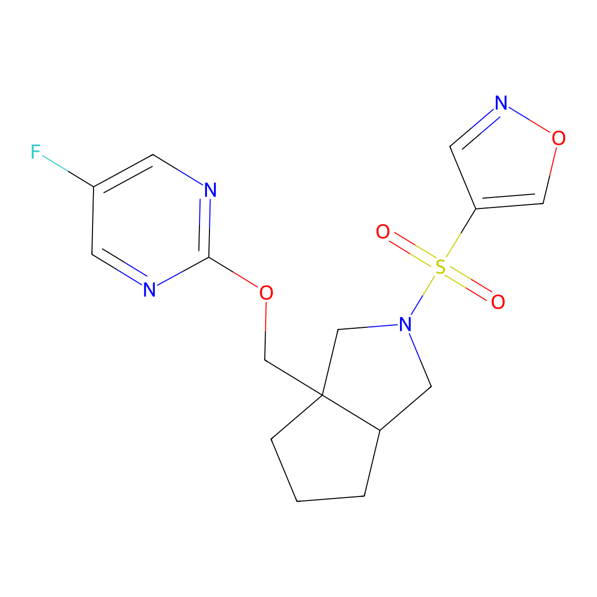 5-Fluoro-2-{[2-(1,2-oxazole-4-sulfonyl)-octahydrocyclopenta[c]pyrrol-3a-yl]methoxy}pyrimidine molecular structure, CAS 2640881-13-4