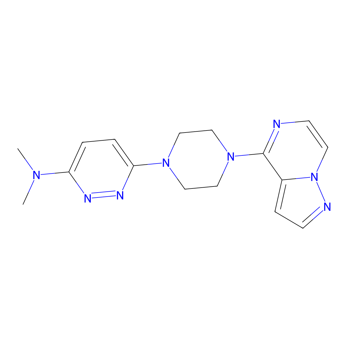N,N-dimethyl-6-(4-{pyrazolo[1,5-a]pyrazin-4-yl}piperazin-1-yl)pyridazin-3-amine molecular structure, CAS 2640881-14-5