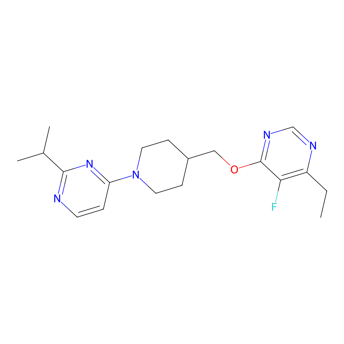 4-(4-{[(6-Ethyl-5-fluoropyrimidin-4-yl)oxy]methyl}piperidin-1-yl)-2-(propan-2-yl)pyrimidine molecular structure, CAS 2640881-15-6