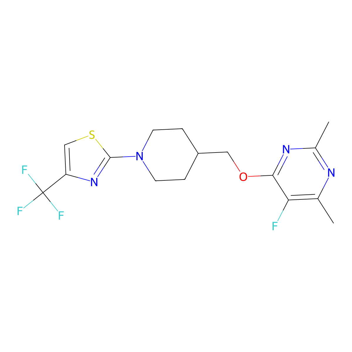 5-Fluoro-2,4-dimethyl-6-({1-[4-(trifluoromethyl)-1,3-thiazol-2-yl]piperidin-4-yl}methoxy)pyrimidine molecular structure, CAS 2640881-19-0