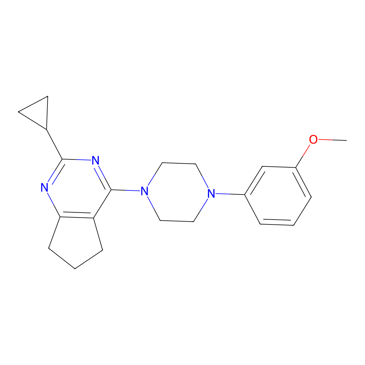 1-{2-cyclopropyl-5H,6H,7H-cyclopenta[d]pyrimidin-4-yl}-4-(3-methoxyphenyl)piperazine molecular structure, CAS 2640881-32-7
