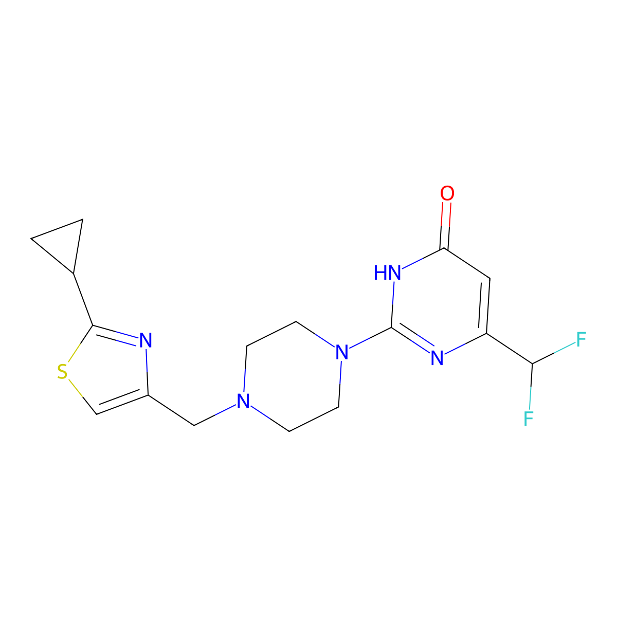 2-{4-[(2-Cyclopropyl-1,3-thiazol-4-yl)methyl]piperazin-1-yl}-6-(difluoromethyl)-3,4-dihydropyrimidin-4-one molecular structure, CAS 2640881-33-8