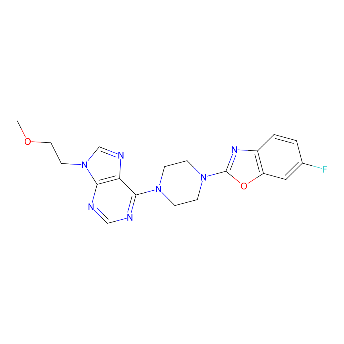 6-[4-(6-fluoro-1,3-benzoxazol-2-yl)piperazin-1-yl]-9-(2-methoxyethyl)-9H-purine molecular structure, CAS 2640881-34-9