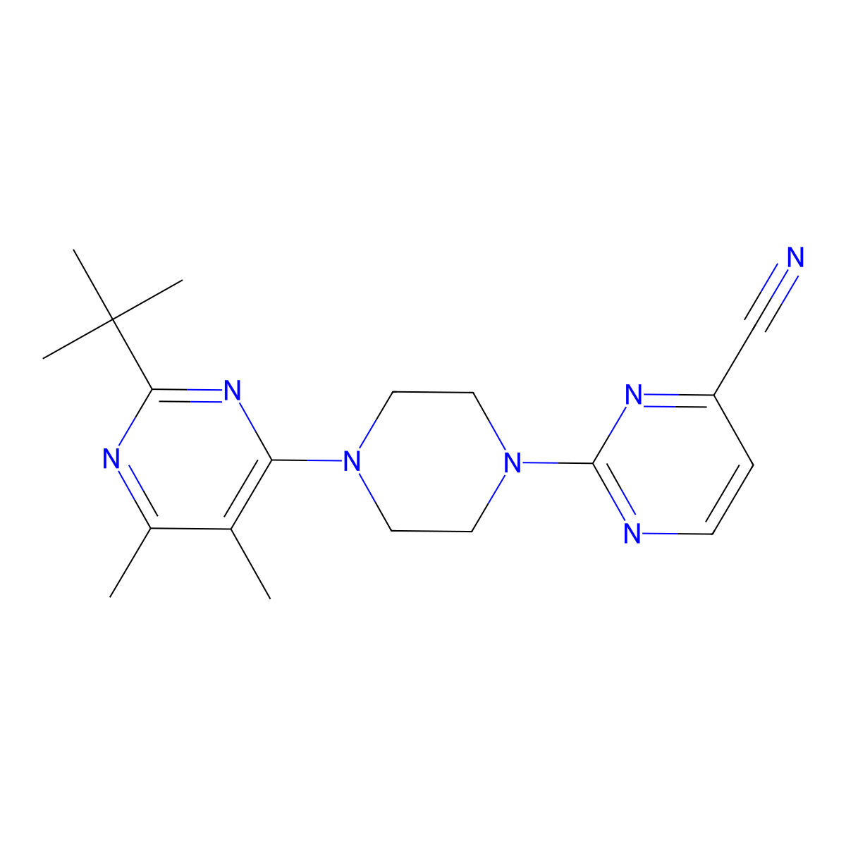 2-[4-(2-Tert-butyl-5,6-dimethylpyrimidin-4-yl)piperazin-1-yl]pyrimidine-4-carbonitrile molecular structure, CAS 2640881-35-0