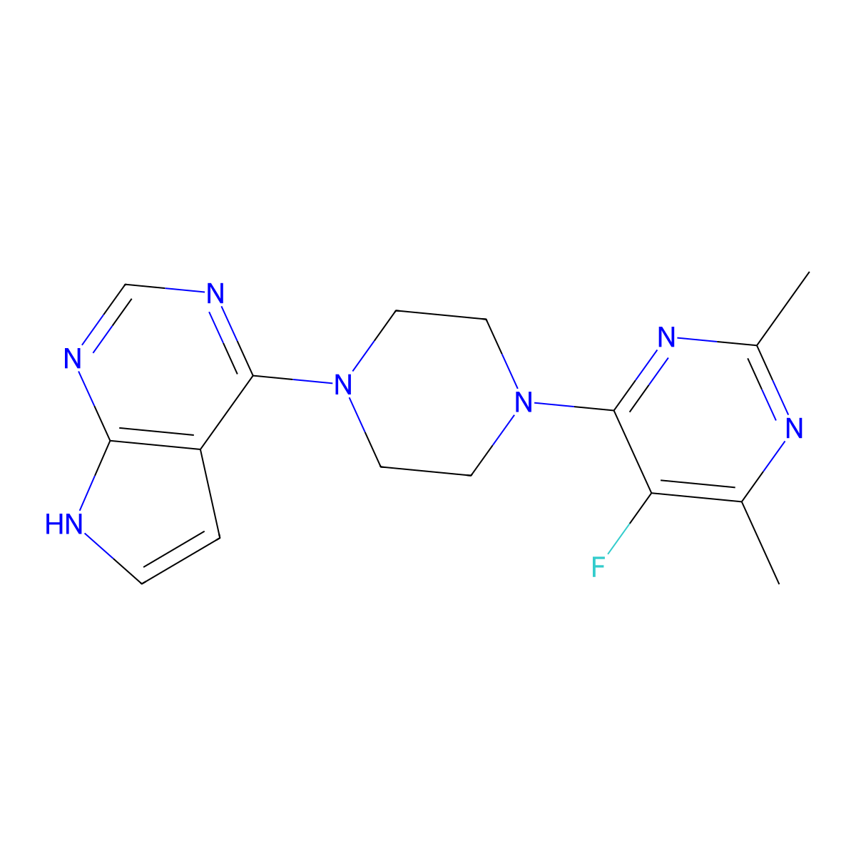 5-fluoro-2,4-dimethyl-6-(4-{7H-pyrrolo[2,3-d]pyrimidin-4-yl}piperazin-1-yl)pyrimidine molecular structure, CAS 2640881-39-4