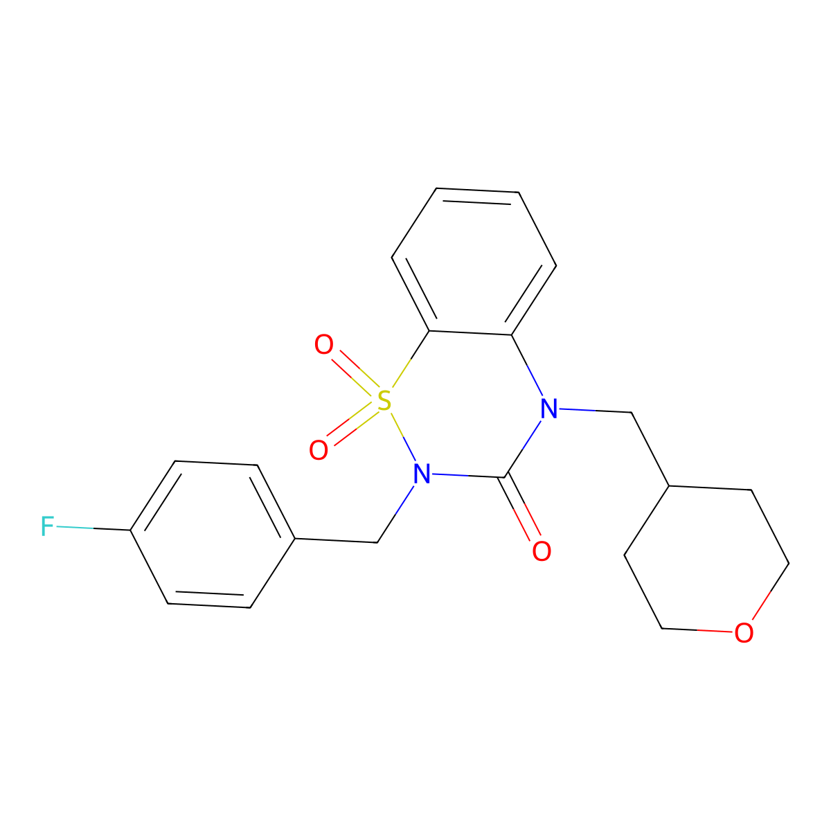 2-[(4-Fluorophenyl)methyl]-4-(oxan-4-ylmethyl)-1,1-dioxo-1lambda6,2,4-benzothiadiazin-3-one molecular structure, CAS 2640881-42-9