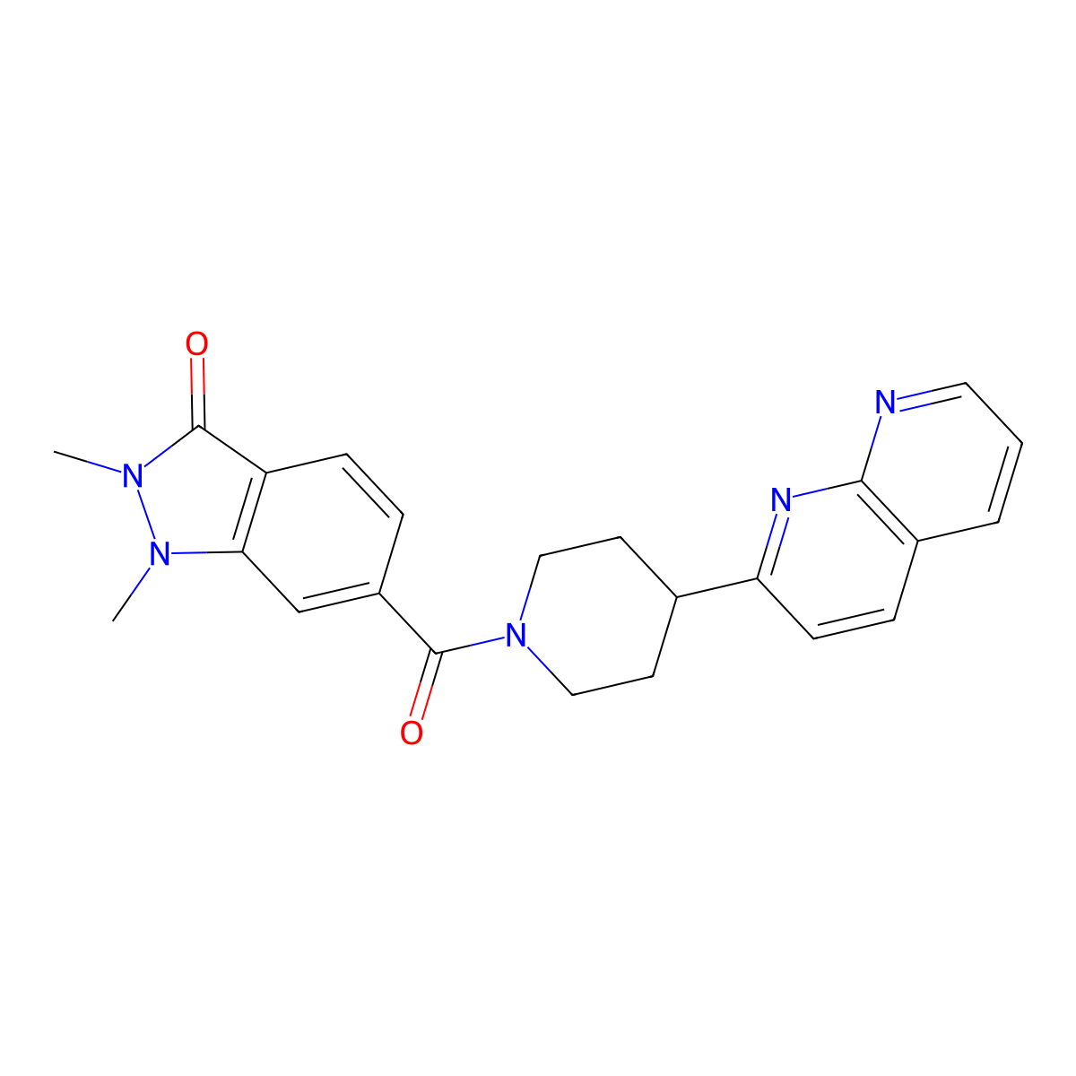 1,2-dimethyl-6-[4-(1,8-naphthyridin-2-yl)piperidine-1-carbonyl]-2,3-dihydro-1H-indazol-3-one molecular structure, CAS 2640881-46-3