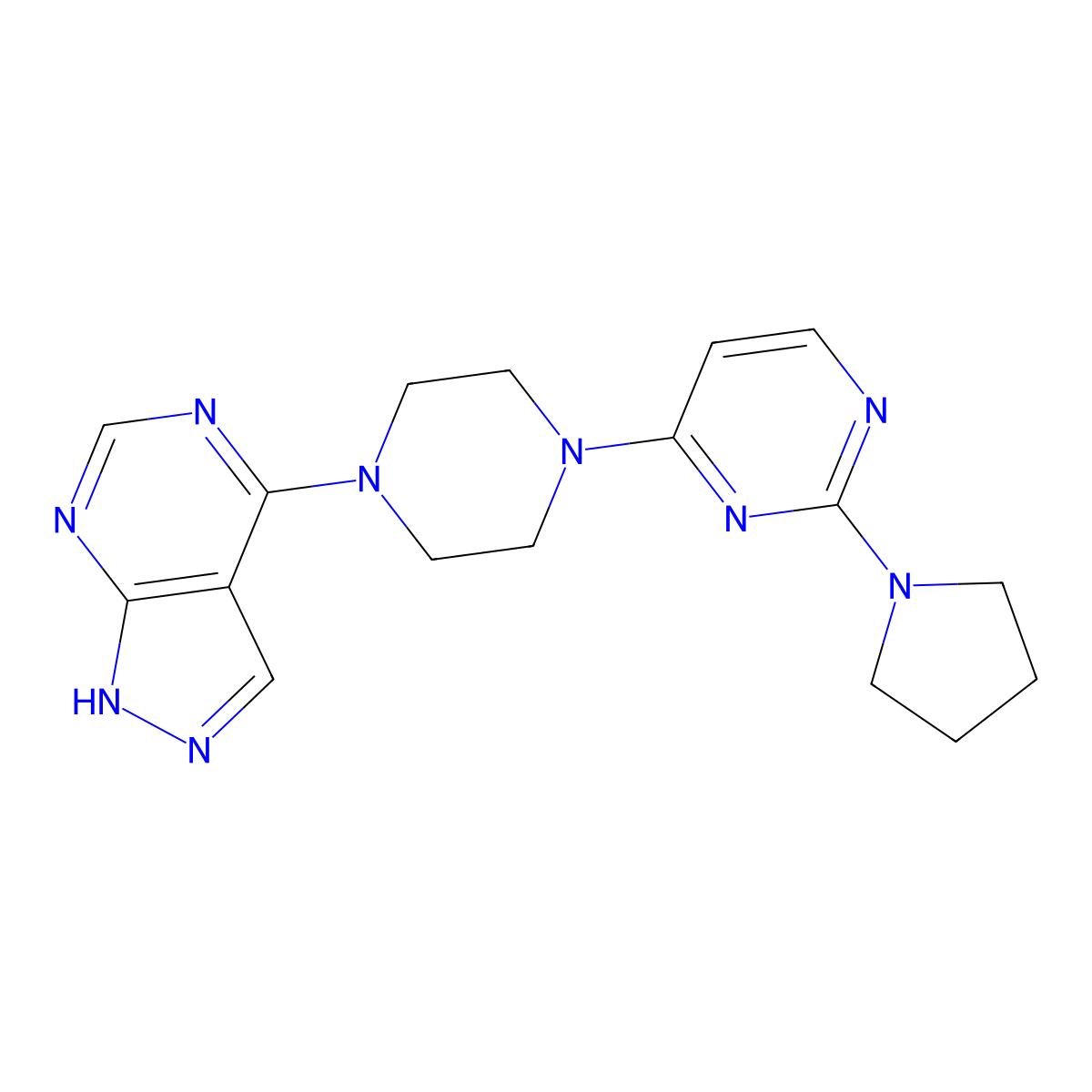 4-(4-{1H-pyrazolo[3,4-d]pyrimidin-4-yl}piperazin-1-yl)-2-(pyrrolidin-1-yl)pyrimidine molecular structure, CAS 2640881-52-1