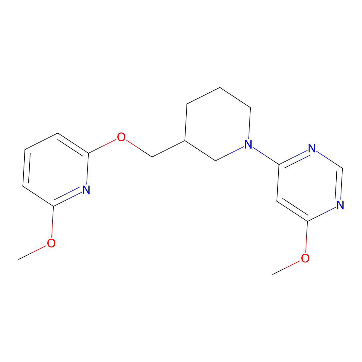 4-Methoxy-6-(3-{[(6-methoxypyridin-2-yl)oxy]methyl}piperidin-1-yl)pyrimidine molecular structure, CAS 2640881-58-7