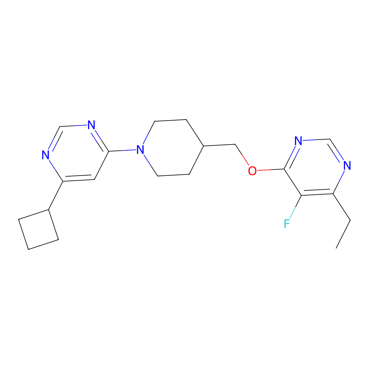 4-Cyclobutyl-6-(4-{[(6-ethyl-5-fluoropyrimidin-4-yl)oxy]methyl}piperidin-1-yl)pyrimidine molecular structure, CAS 2640881-60-1