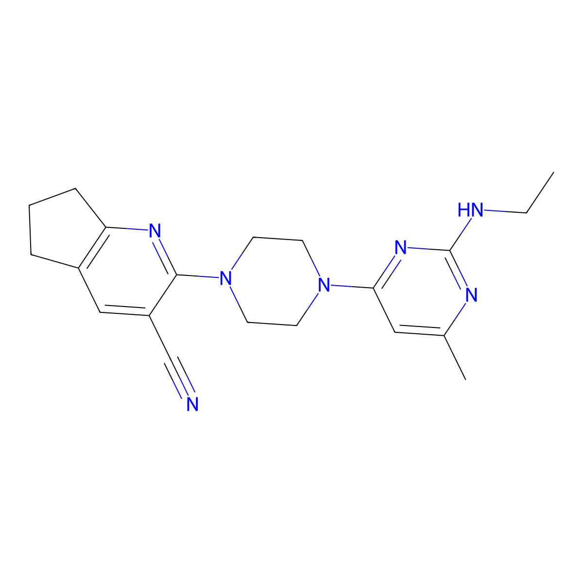 2-{4-[2-(ethylamino)-6-methylpyrimidin-4-yl]piperazin-1-yl}-5H,6H,7H-cyclopenta[b]pyridine-3-carbonitrile molecular structure, CAS 2640881-61-2