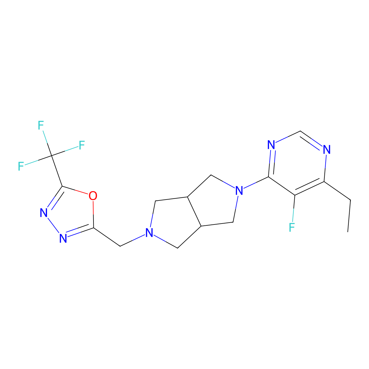 4-Ethyl-5-fluoro-6-(5-{[5-(trifluoromethyl)-1,3,4-oxadiazol-2-yl]methyl}-octahydropyrrolo[3,4-c]pyrrol-2-yl)pyrimidine molecular structure, CAS 2640881-67-8
