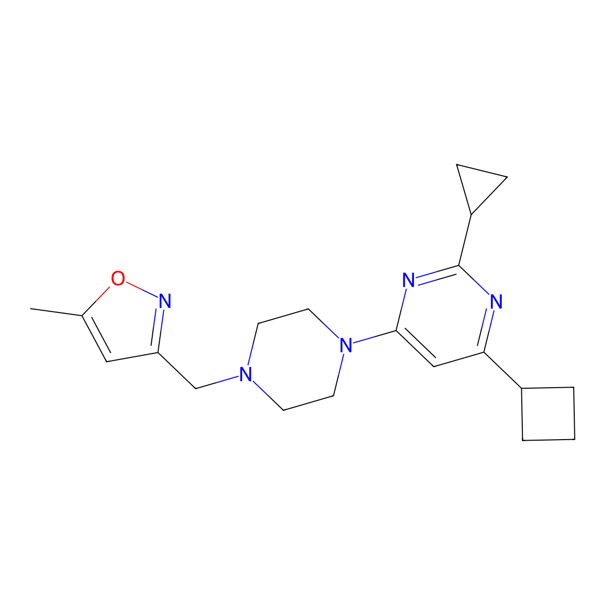 4-Cyclobutyl-2-cyclopropyl-6-{4-[(5-methyl-1,2-oxazol-3-yl)methyl]piperazin-1-yl}pyrimidine molecular structure, CAS 2640881-69-0
