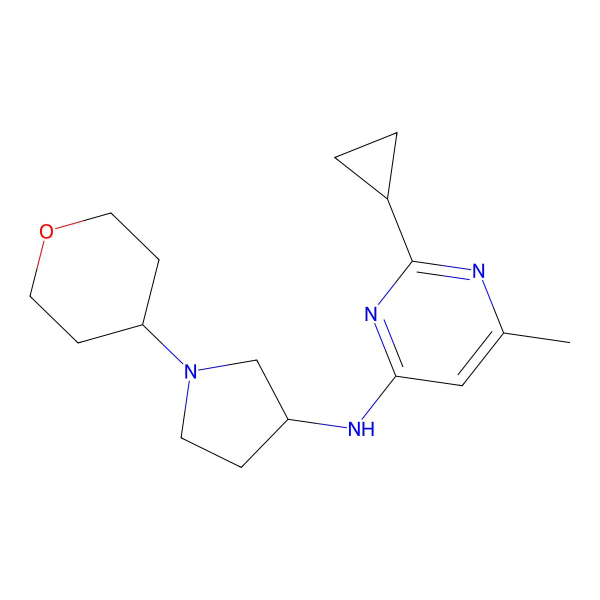 2-cyclopropyl-6-methyl-N-[1-(oxan-4-yl)pyrrolidin-3-yl]pyrimidin-4-amine molecular structure, CAS 2640881-70-3