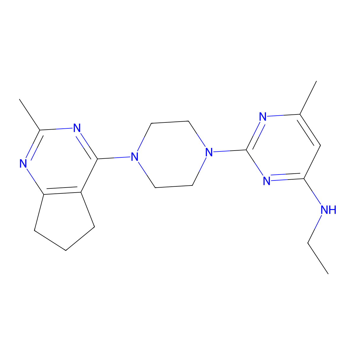 N-ethyl-6-methyl-2-(4-{2-methyl-5H,6H,7H-cyclopenta[d]pyrimidin-4-yl}piperazin-1-yl)pyrimidin-4-amine molecular structure, CAS 2640881-76-9