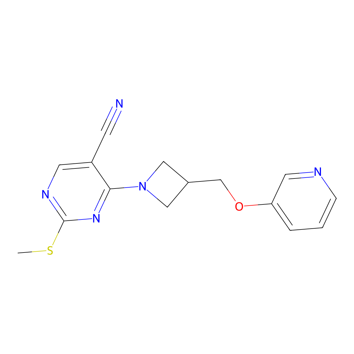 2-(Methylsulfanyl)-4-{3-[(pyridin-3-yloxy)methyl]azetidin-1-yl}pyrimidine-5-carbonitrile molecular structure, CAS 2640881-78-1